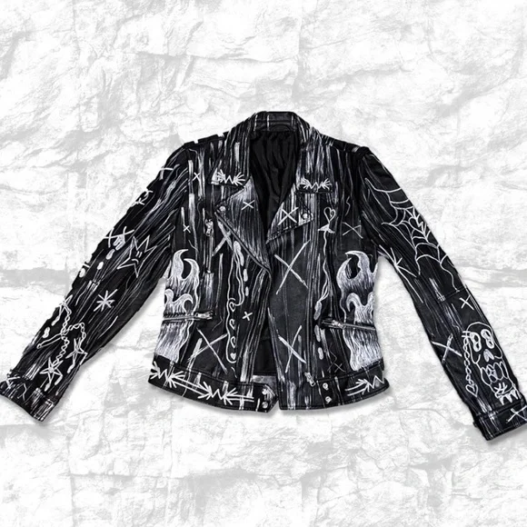 Black Faux Leather Hand-Painted Biker Jacket with White Graphic Art - Picture 1 of 3